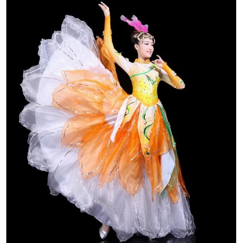 Pink yellow flowers petals flamenco dance dresses for women girls chinese folk opening choir  fairy ballroom dance long skirts for female